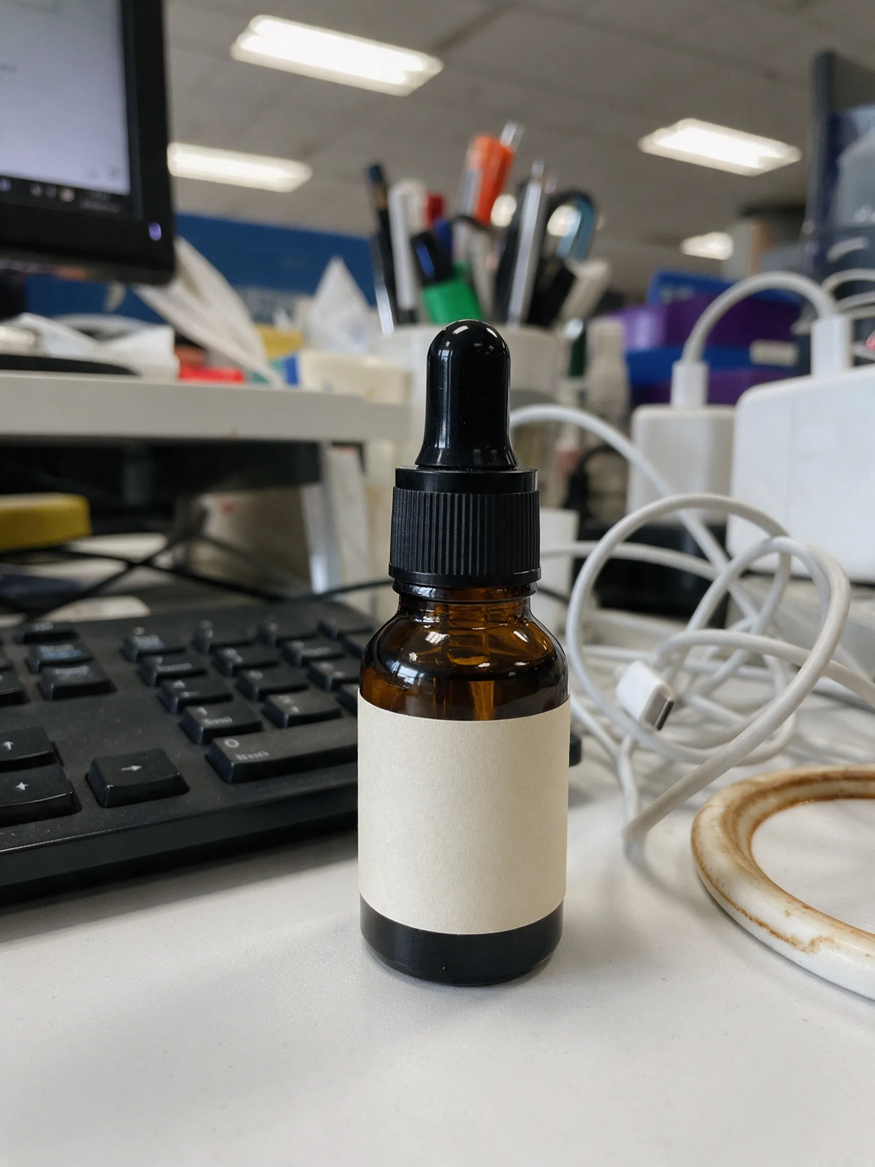Phone photo of an amber glass serum dropper bottle with a blank cream label on a cluttered office desk beside a keyboard and charging cables
