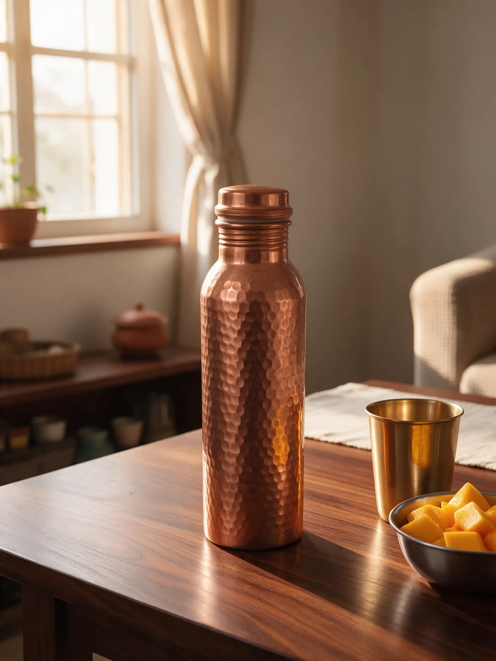 The same hammered copper bottle on a teak dining table in warm sunlight, beside a brass tumbler and a steel bowl of cut mango