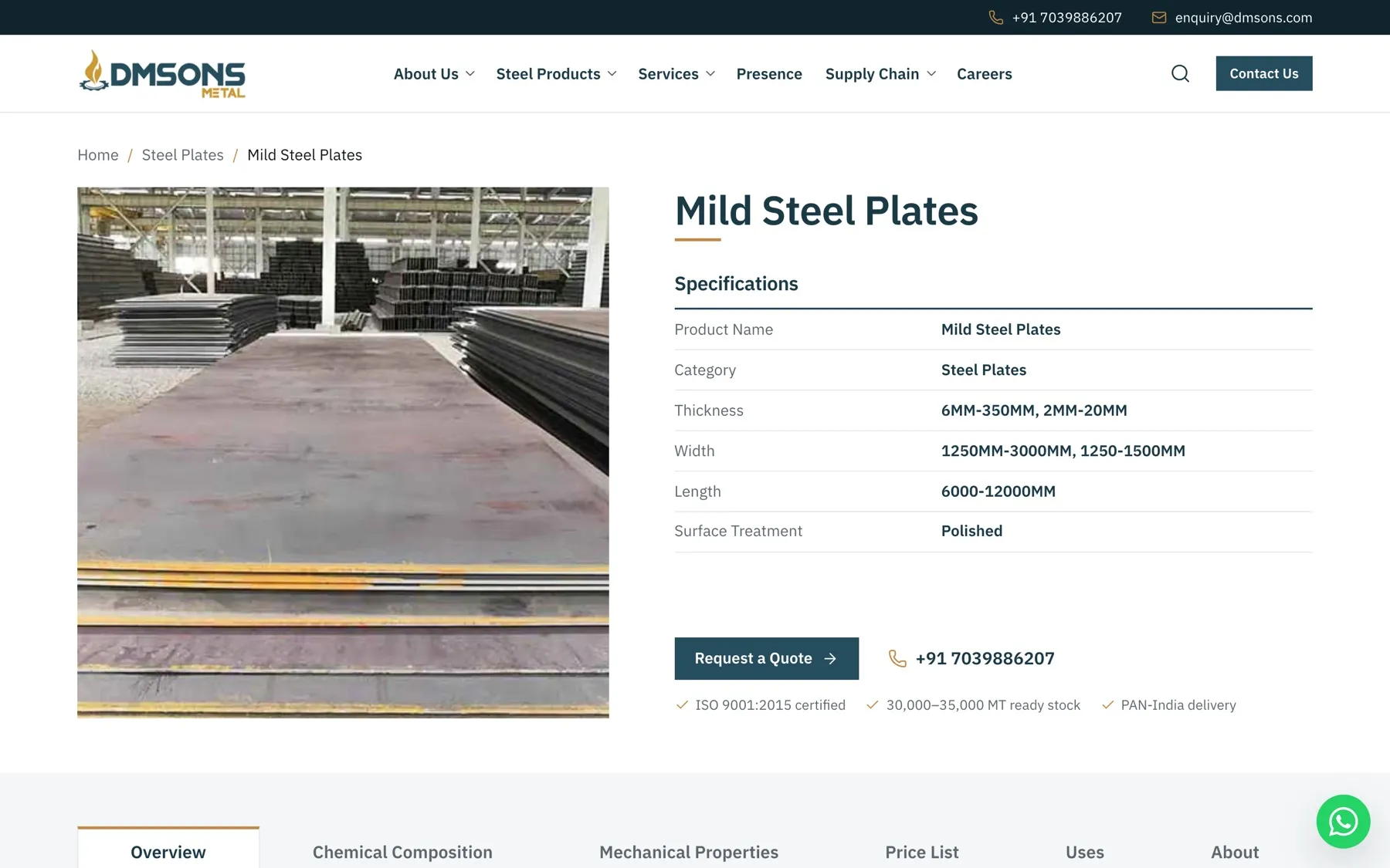 Dmsons Metal mild steel plates page: a photo of stacked plates beside a specification table with thickness, width and length