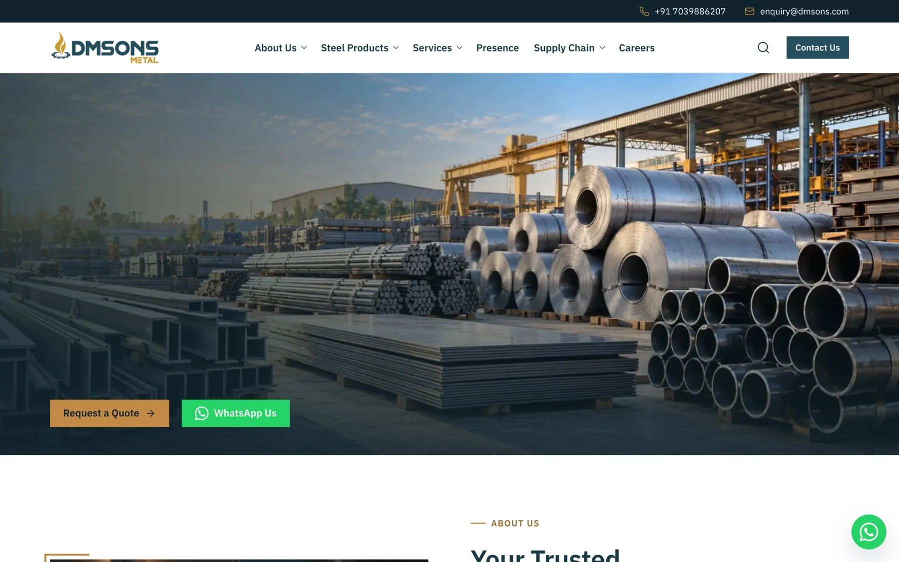 Dmsons Metal homepage on desktop: header with phone and email, a hero photo of steel coils, pipes and plates in a yard, and Request a Quote and WhatsApp buttons