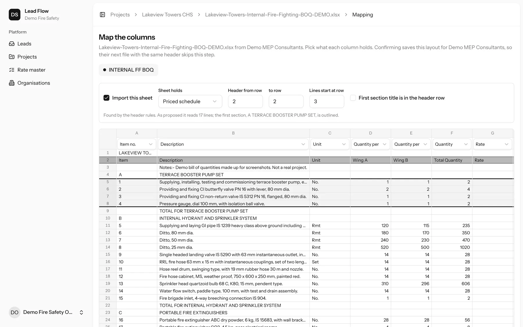 Lead Flow column mapping screen: a demo fire-fighting BOQ shown as a spreadsheet, with each column labelled item number, description, unit, quantity per wing, quantity and rate