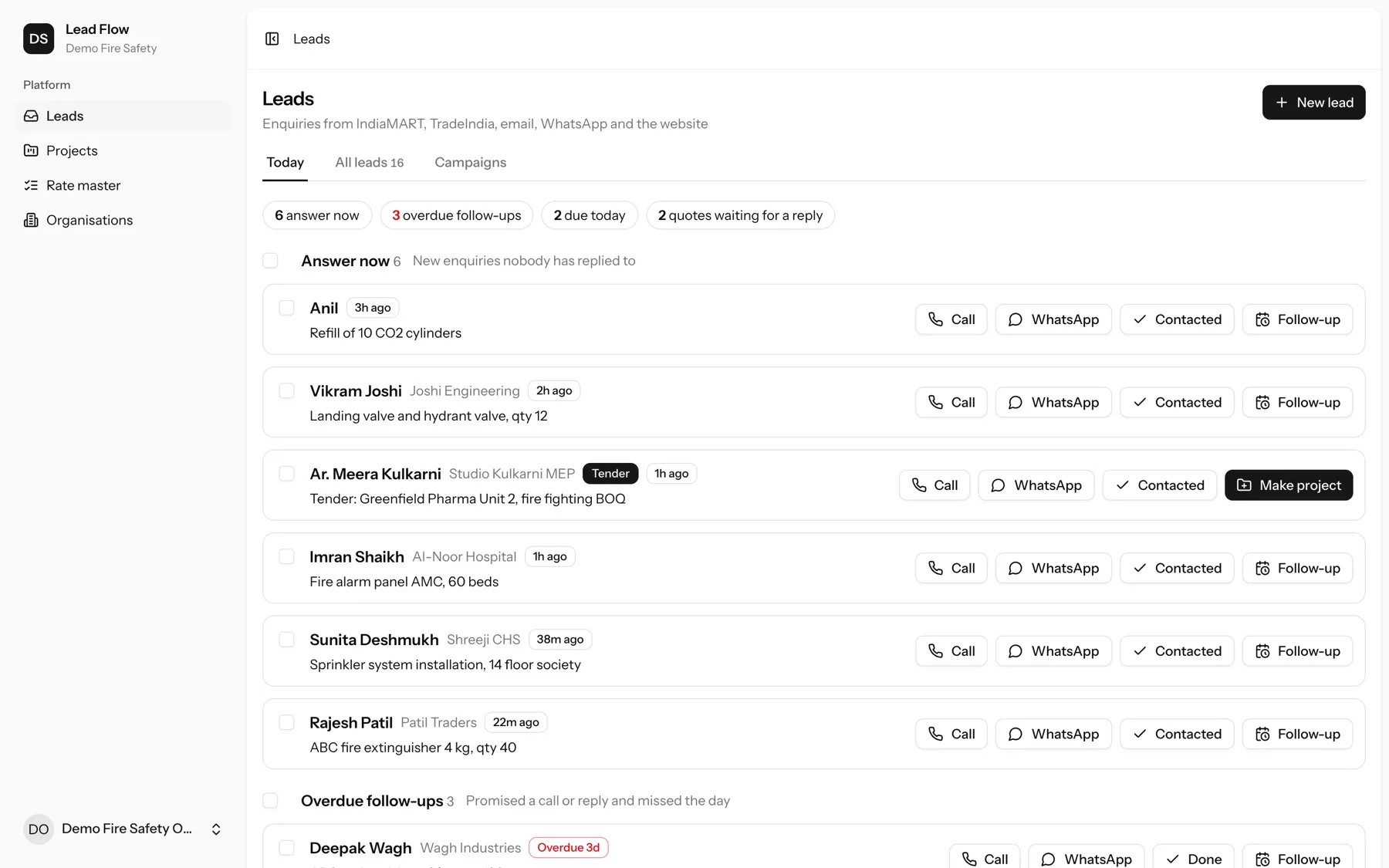 Lead Flow Today queue: demo enquiries waiting for a reply, each with call, WhatsApp, contacted and follow-up buttons