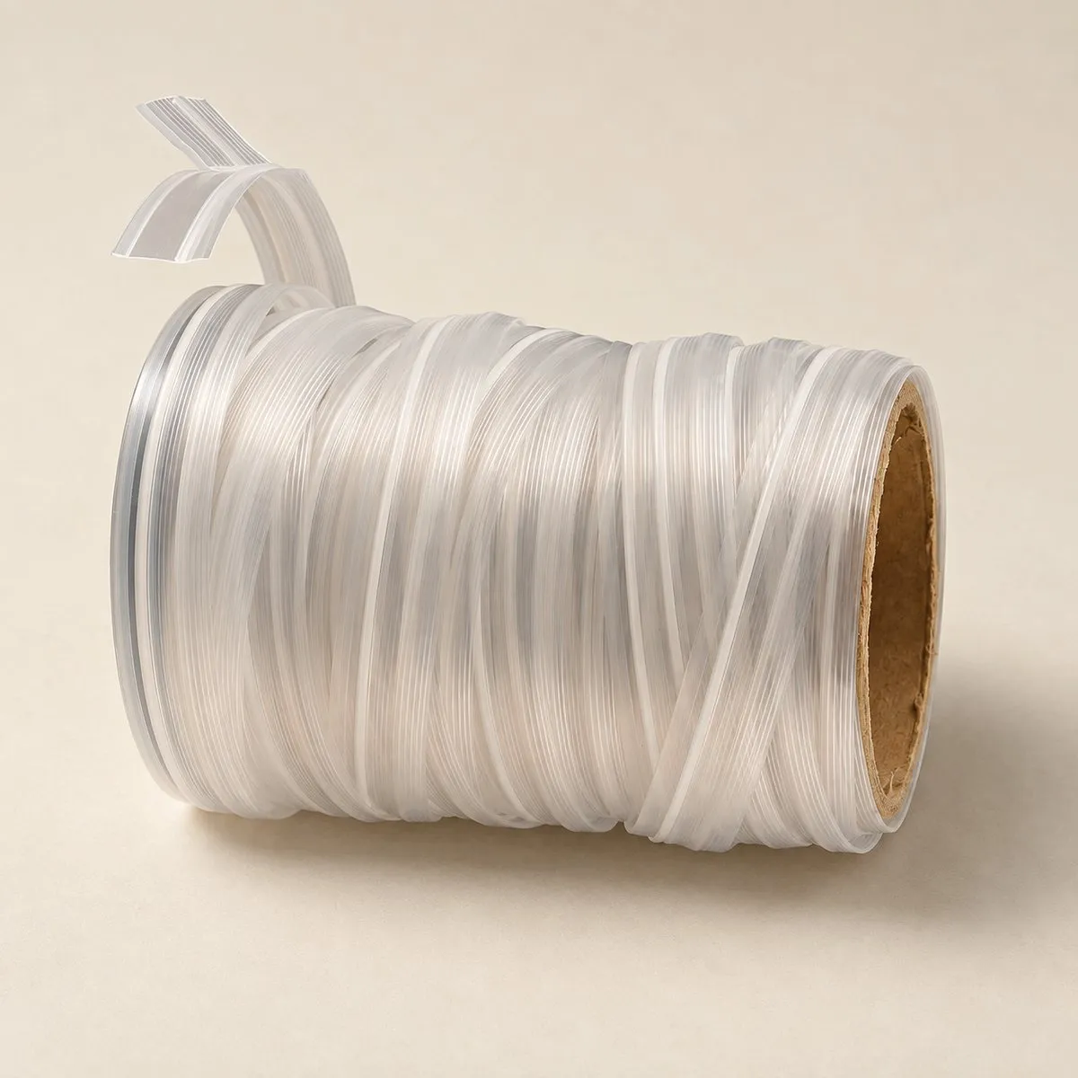Catalogue shot of the same clear zipper reel on a warm sand-coloured studio ground with a soft shadow