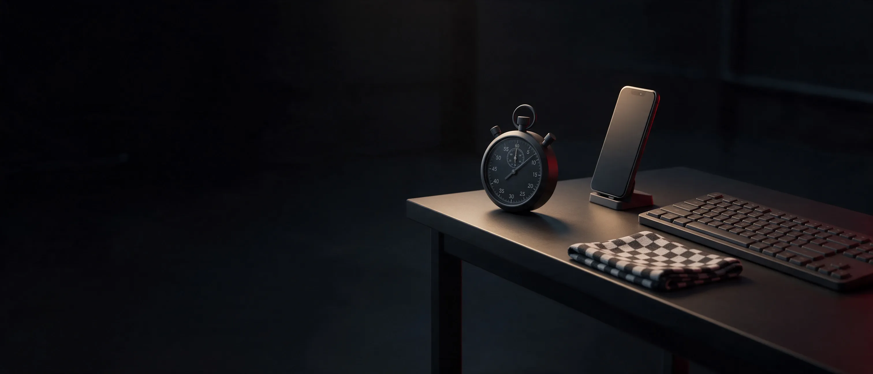 A stopwatch, a phone on a stand, a keyboard and a folded checkered flag on a dark workbench under a warm spotlight